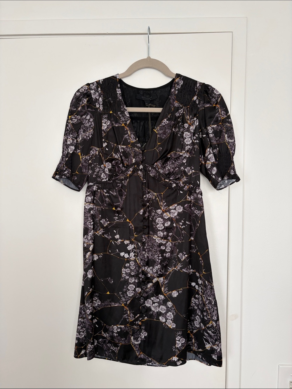 AllSaints Black Floral V-Neck Mini Dress